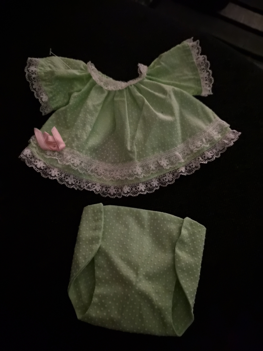 Vntg Green & White Dot Lace Dress & Bloomers Baby Doll Outfit